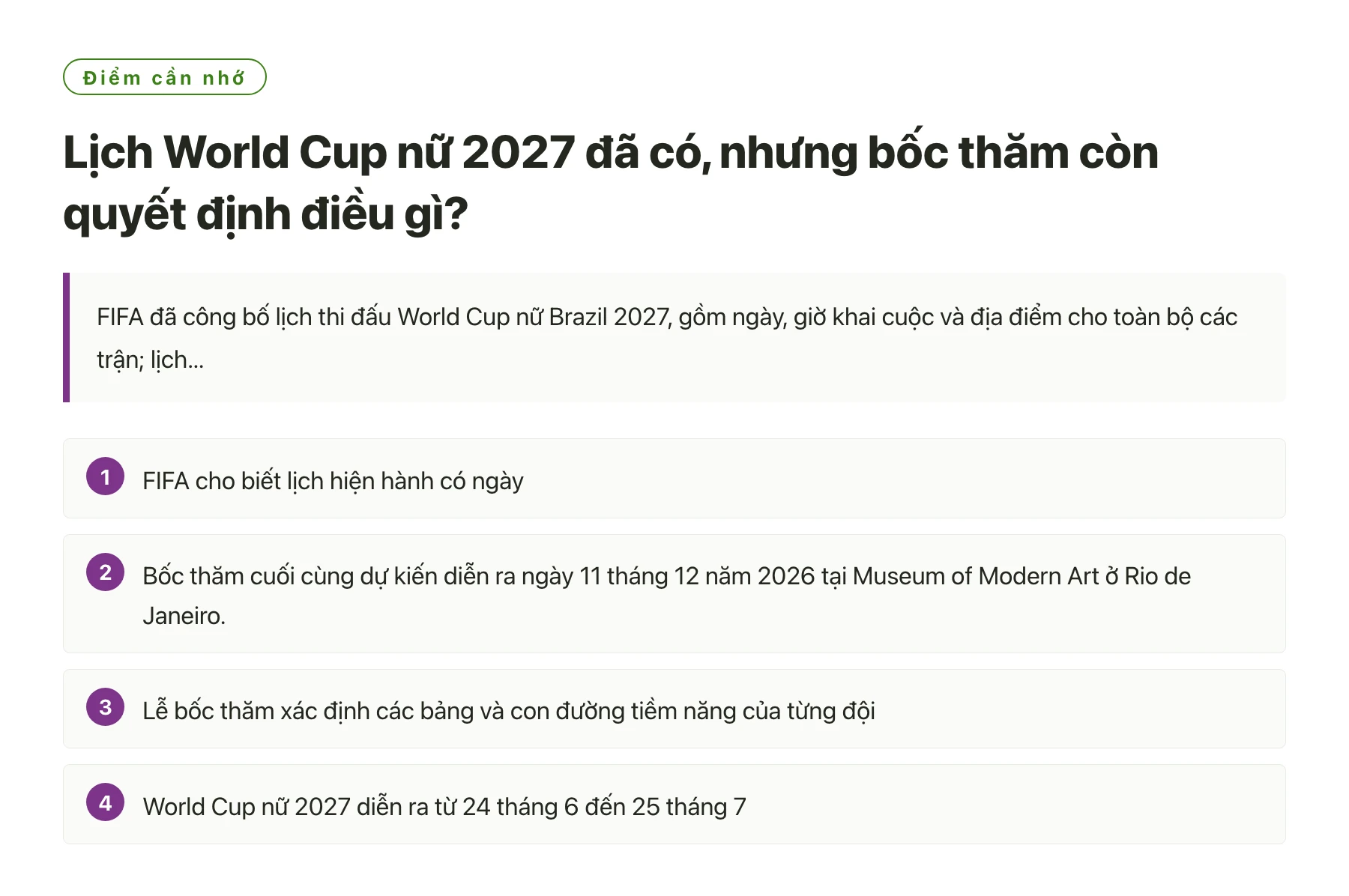 Lịch World Cup nữ 2027 đã có, nhưng bốc thăm còn quyết định điều gì?——全文要点速览